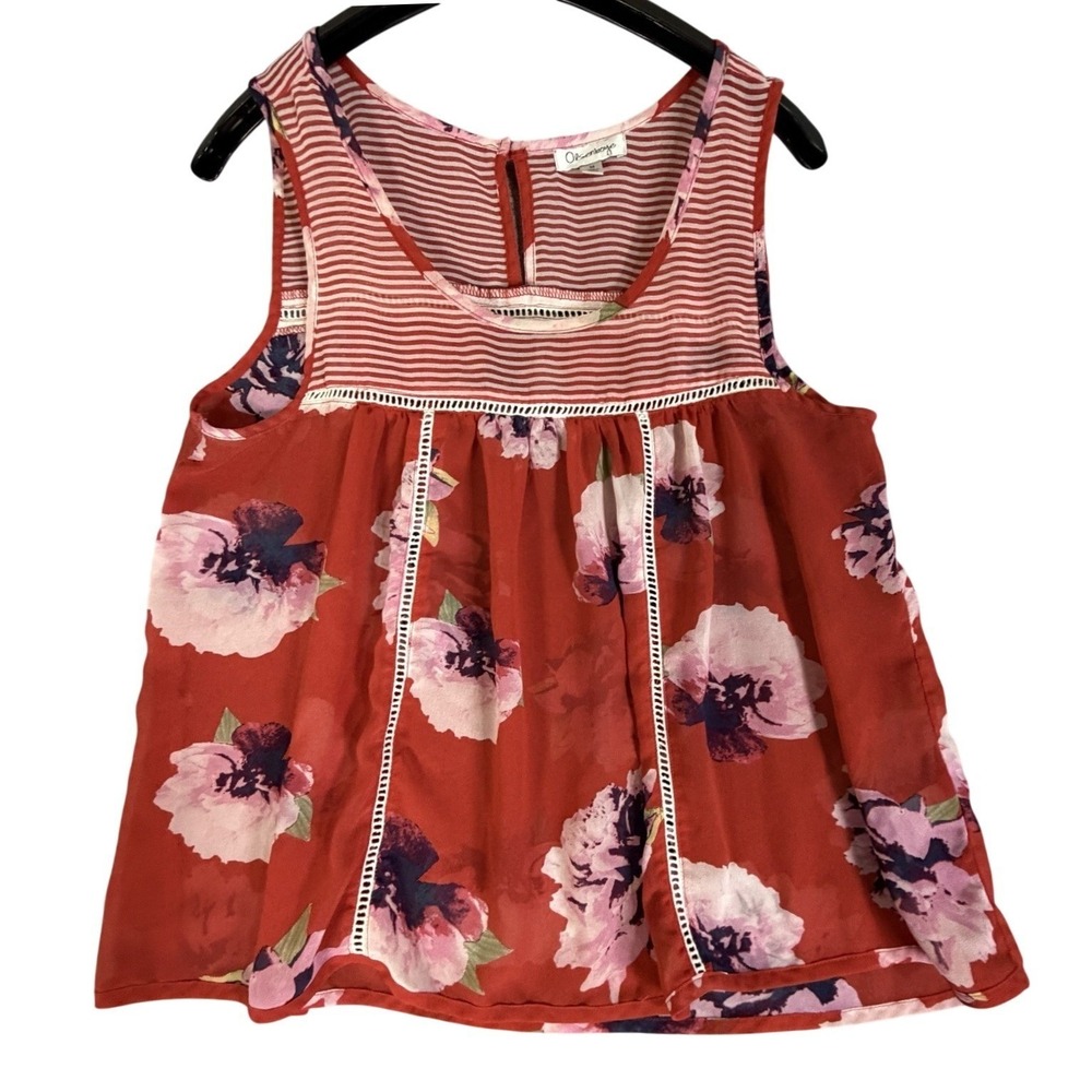 Red Floral Print Striped Tank Top Women's Size‎ Medium Floral Sheer